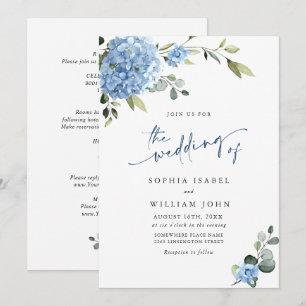 Invitation Élégant Mariage Floral Hydrangea Bleu Tout en un