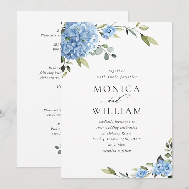 Invitation Élégant Mariage Floral Hydrangea Bleu Tout en un (Devant / Derrière)