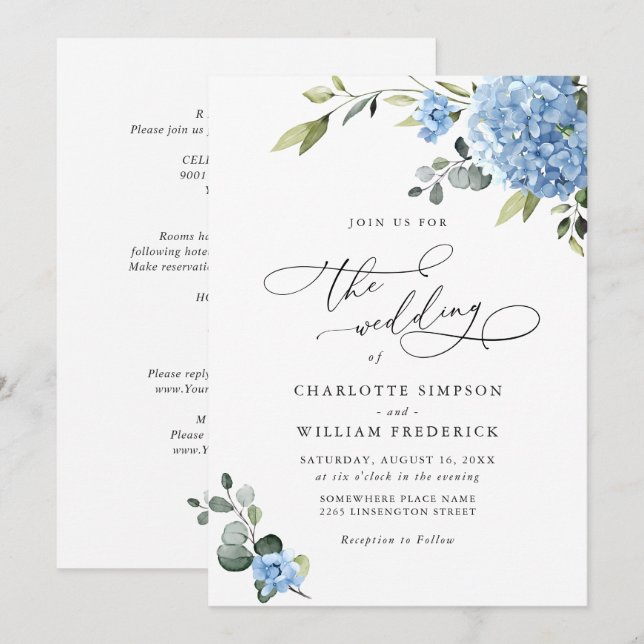 Invitation Élégant Mariage Floral Hydrangea Bleu Tout en un (Devant / Derrière)