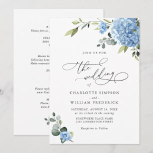 Invitation Élégant Mariage Floral Hydrangea Bleu Tout en un