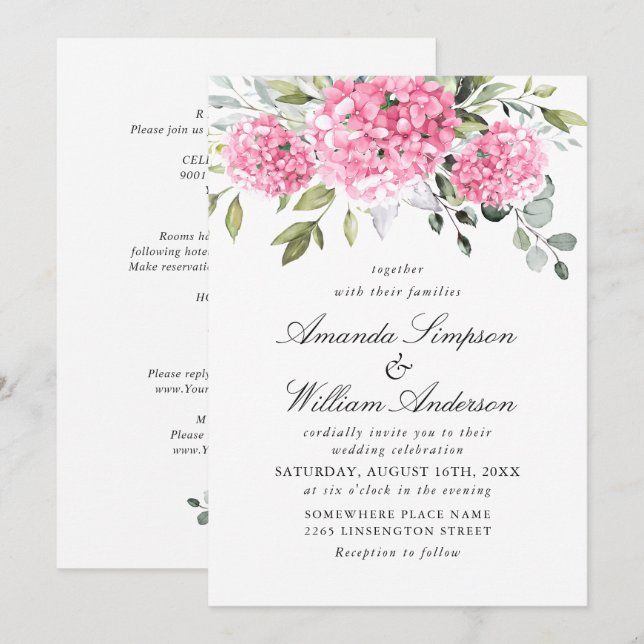 Invitation Élégant Mariage Floral Hydrangea Rose tout en un (Devant / Derrière)