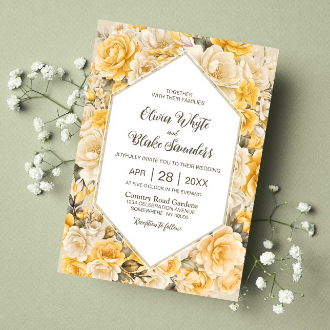 Invitation Élégant Mariage Floral Jaune (Créateur téléchargé)