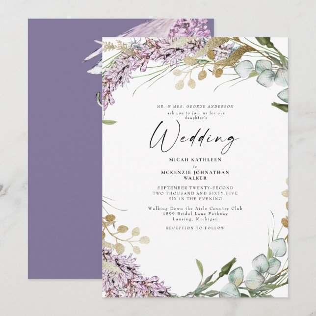 Invitation Élégant Mariage floral Lavande aquarelle (Devant / Derrière)