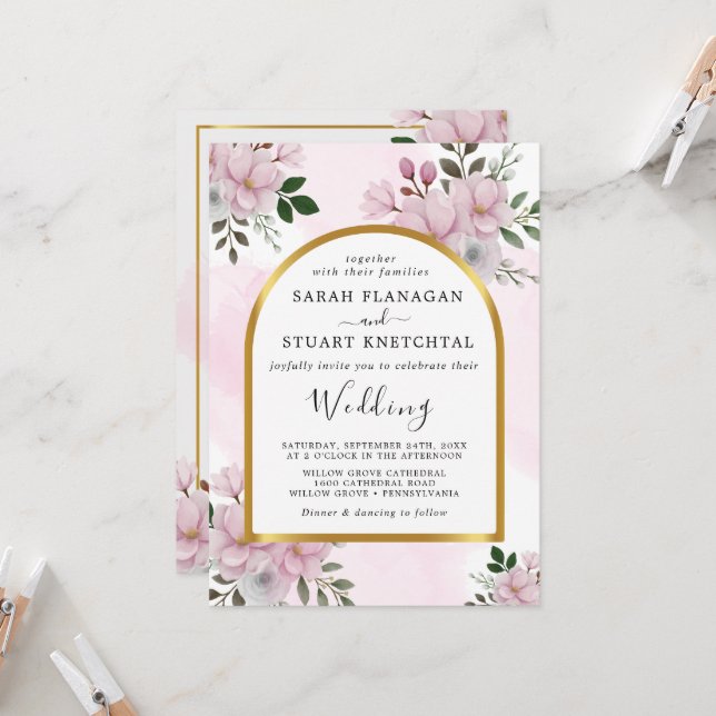 Invitation Élégant Mariage floral Magnolia Arch (Devant/Arrière en situation)