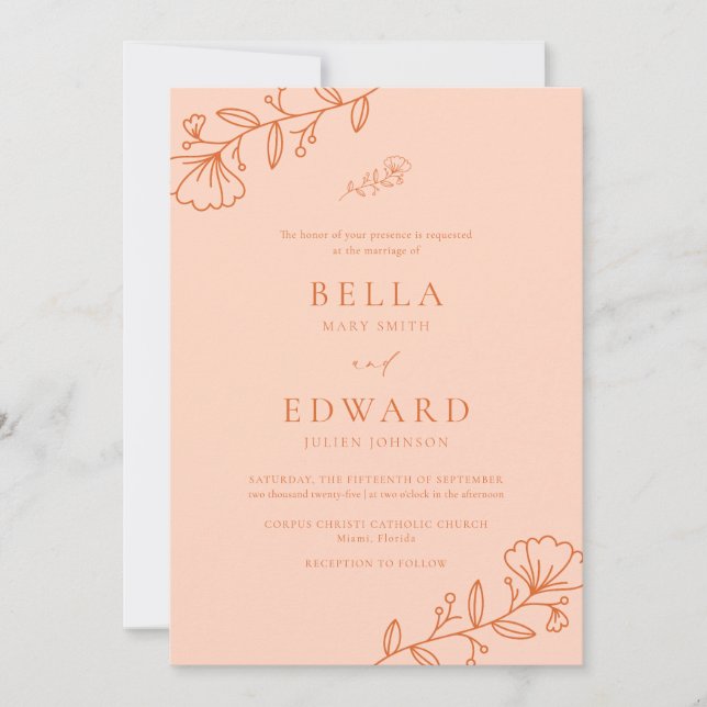 Invitation Élégant Mariage floral minimal de pêche (Devant)