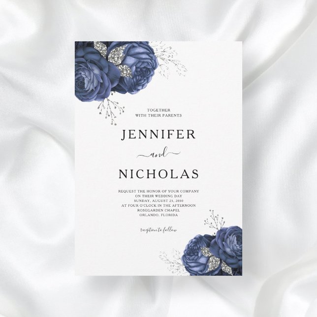 Invitation Élégant Mariage Floral Navy Blue Peonies (Créateur téléchargé)