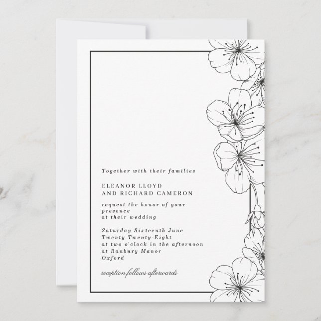 Invitation Élégant Mariage floral noir et blanc (Devant)