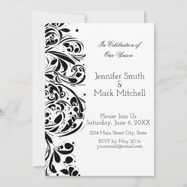 Invitation Élégant Mariage floral noir et blanc (Devant)