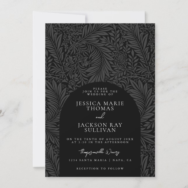 Invitation Élégant Mariage floral noir et blanc (Devant)