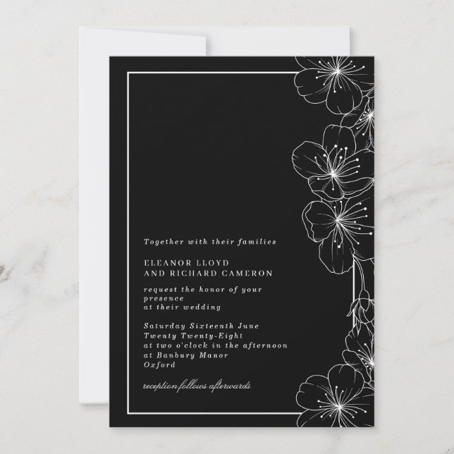 Invitation Élégant Mariage floral noir et blanc (Devant)