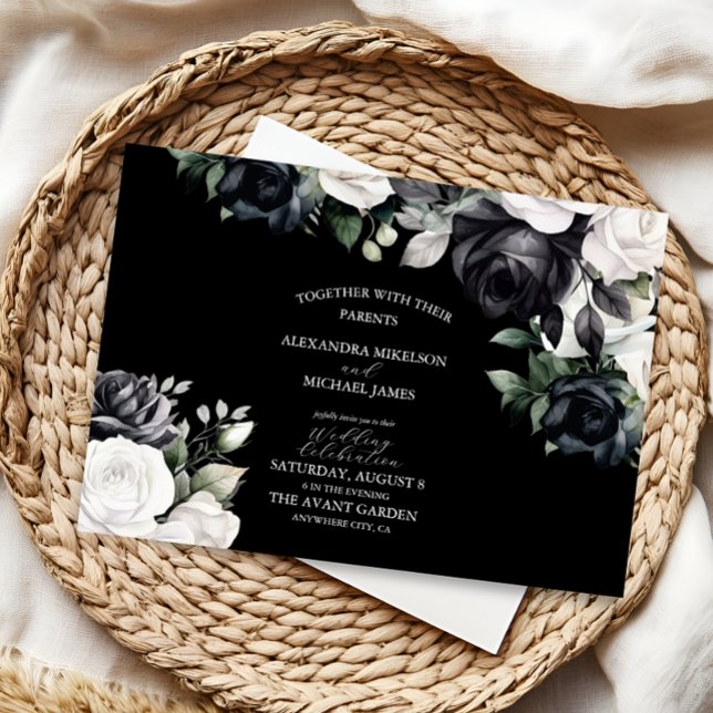 Invitation Élégant Mariage floral noir et blanc (Créateur téléchargé)