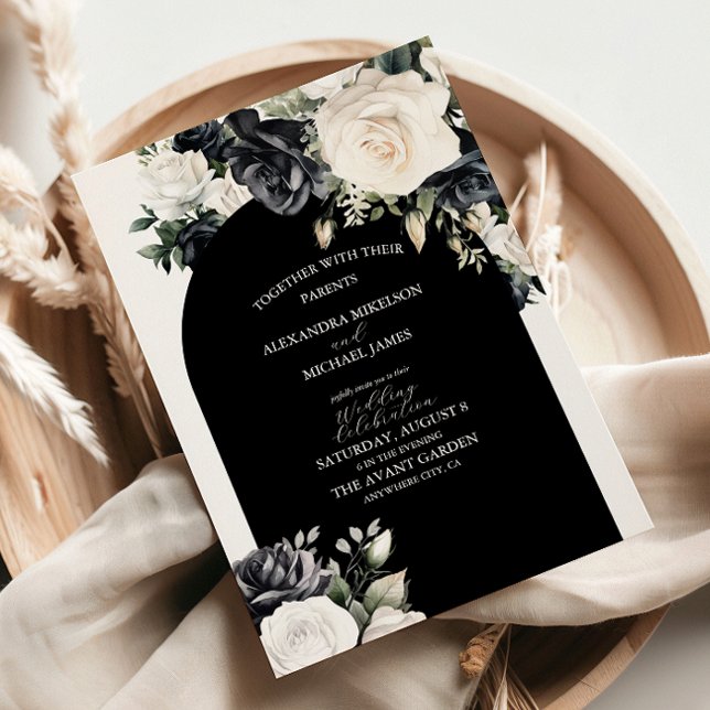 Invitation Élégant Mariage floral noir et blanc (Créateur téléchargé)