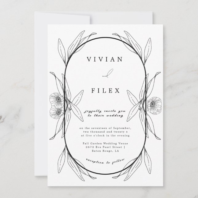 Invitation Élégant Mariage Floral noir et blanc (Devant)