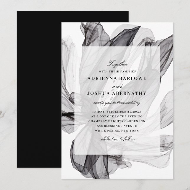Invitation Élégant Mariage floral noir et blanc fumé (Devant / Derrière)