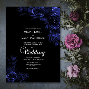 Invitation Élégant Mariage floral noir et bleu