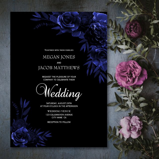 Invitation Élégant Mariage floral noir et bleu (Créateur téléchargé)