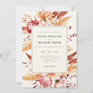 Invitation Élégant Mariage floral noir et Ecru Boho