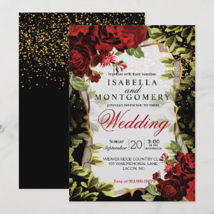 Invitation Élégant Mariage floral noir et rouge
