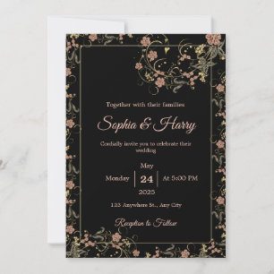 Invitation Élégant Mariage floral noir et thé rose