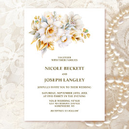 Invitation Élégant Mariage Floral Or Blanc