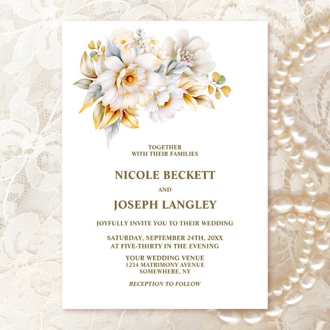 Invitation Élégant Mariage Floral Or Blanc (Créateur téléchargé)