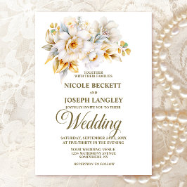 Invitation Élégant Mariage Floral Or Blanc