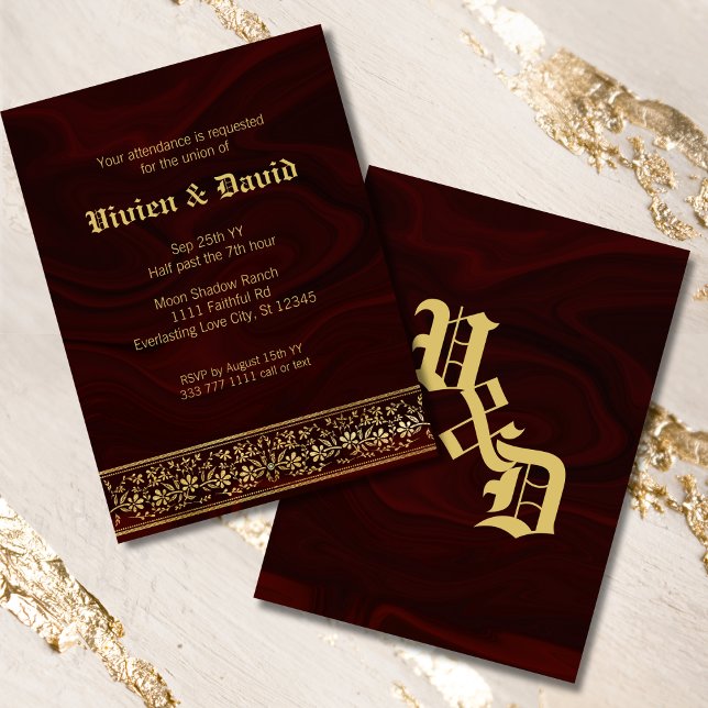 Invitation Élégant Mariage floral or de Bourgogne (Créateur téléchargé)