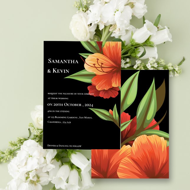 Invitation Élégant Mariage floral orange foncé (Elegant Dark Moody Orange Floral Wedding Invitation)