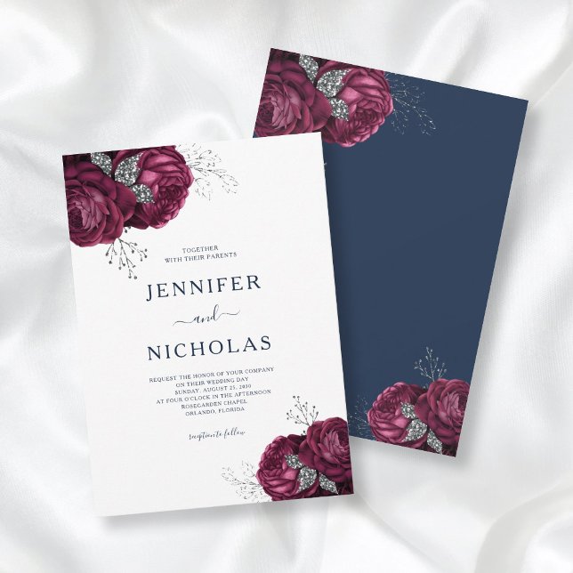 Invitation Elégant Mariage Floral Peonies Marine Bleu Bourgog (Créateur téléchargé)