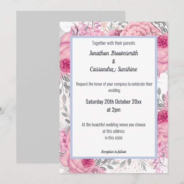 INVITATION ÉLÉGANT MARIAGE FLORAL ROSE BLEU BLANC (Devant / Derrière)