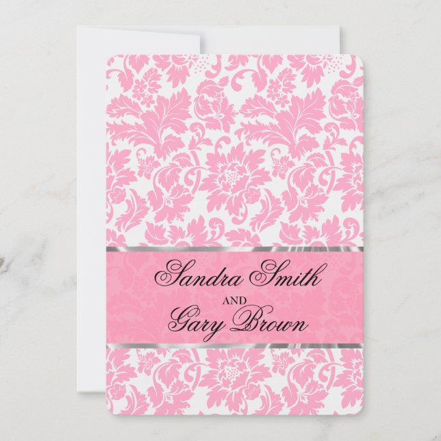 Invitation Élégant Mariage Floral rose et blanc Damas (Devant)