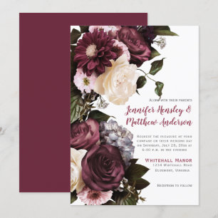 Invitation Élégant Mariage floral rose et bordeaux  