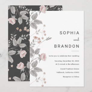 Invitation Élégant Mariage floral rose et gris foncé