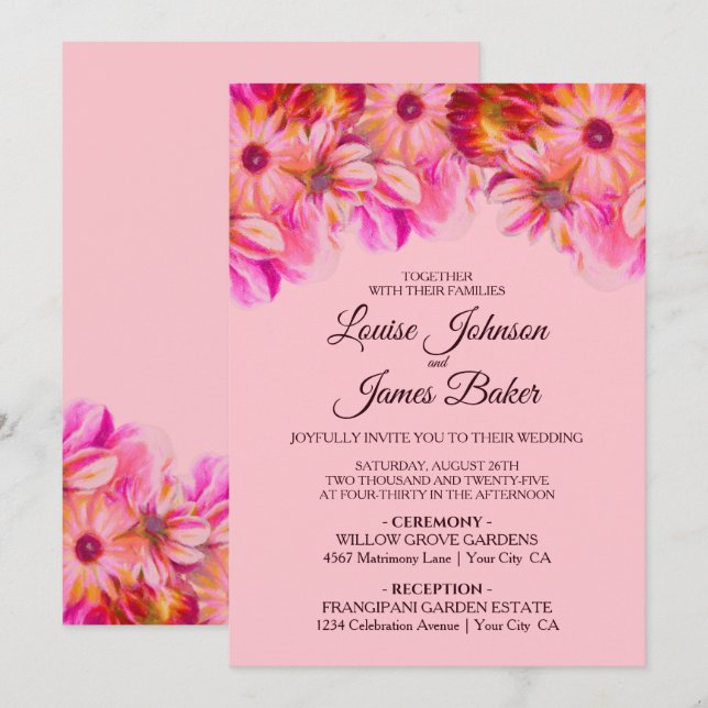 Invitation Élégant Mariage floral rose et jaune (Devant / Derrière)