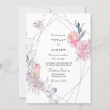 Elégant mariage floral rose géométrique invitent