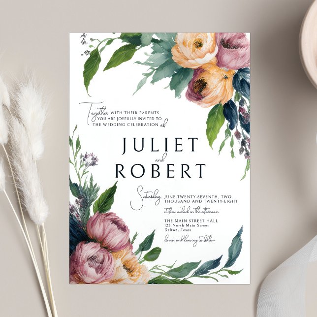 Invitation Élégant Mariage floral rose orange Ranunculus (Créateur téléchargé)