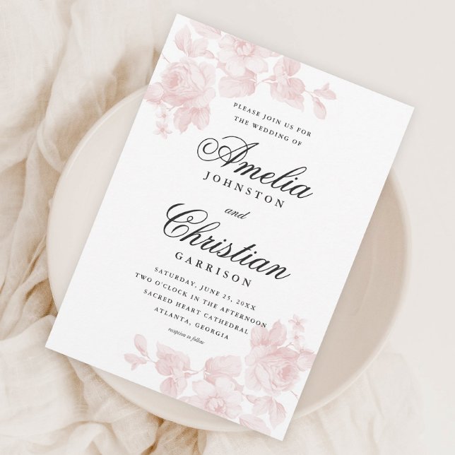 Invitation Élégant Mariage floral rose pâle (Créateur téléchargé)