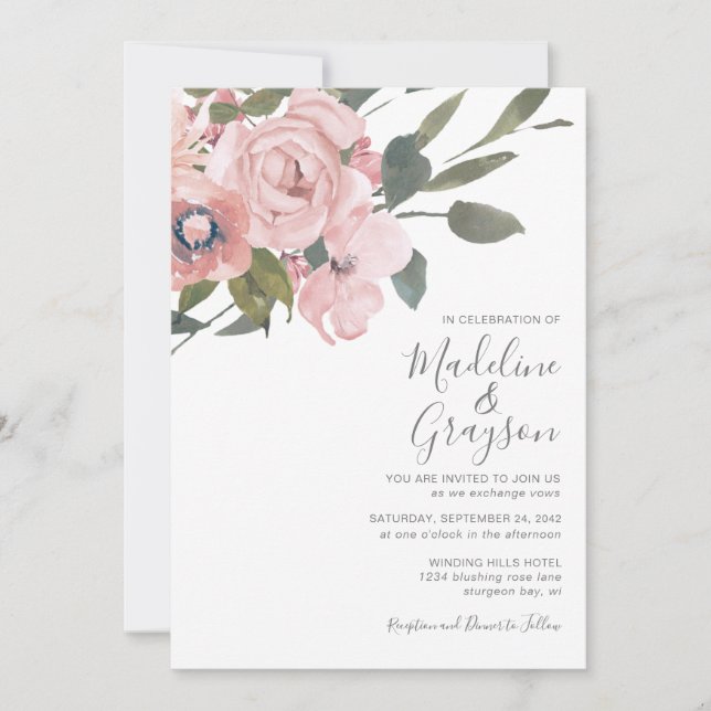 Invitation Élégant Mariage Floral Rose Rose Rose Dusty modern (Devant)
