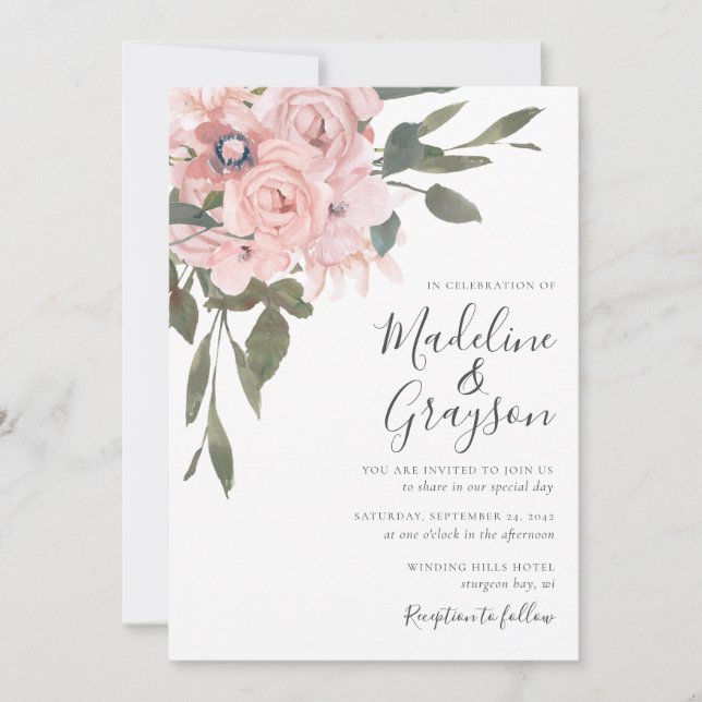 Invitation Élégant Mariage floral rose rose rose pâle moderne (Devant)