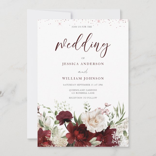 Invitation Elégant Mariage floral rouge & blanc Bourgogne Inv (Devant)