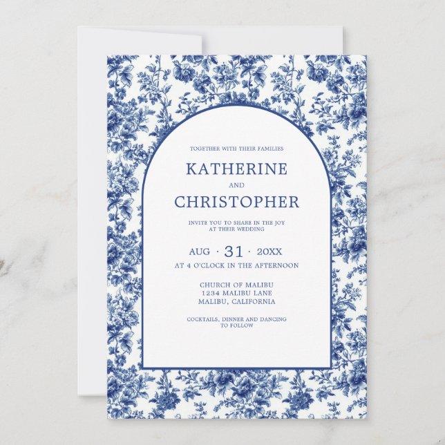 Invitation Élégant Mariage Floral Toile Bleu Pays Français (Devant)