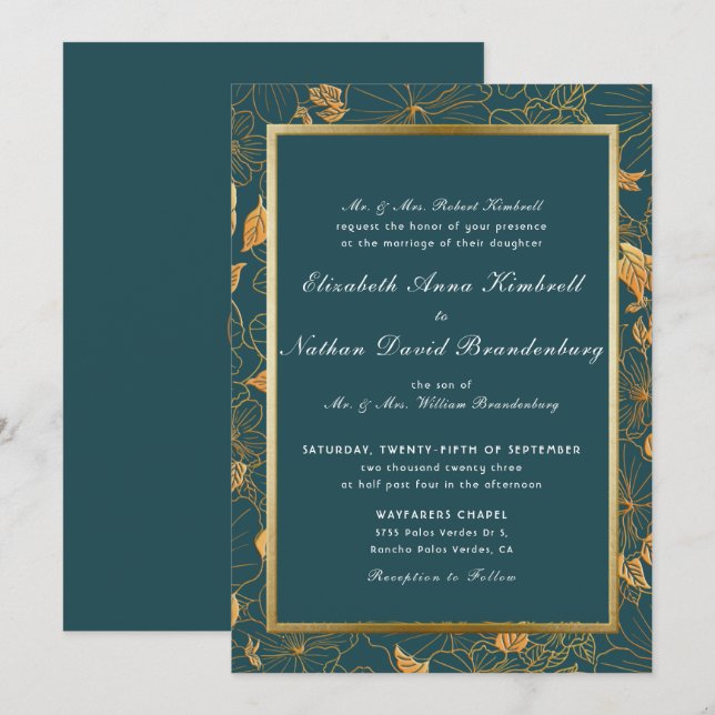 Invitation Élégant Mariage Floral Turquoise Bleu Et Or (Devant / Derrière)