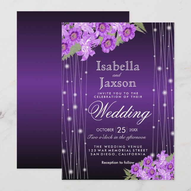 Invitation Élégant Mariage floral violet (Devant / Derrière)
