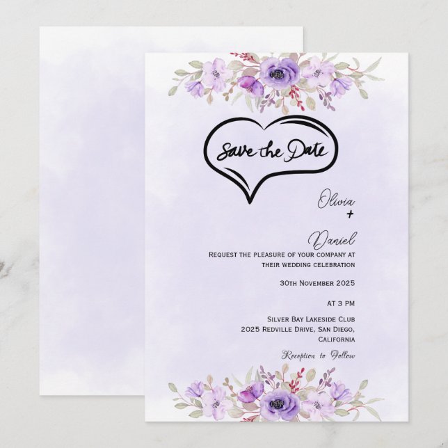 Invitation Élégant mariage floral violet Enregistrer la date (Devant / Derrière)