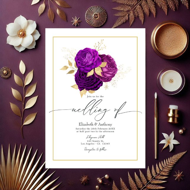 Invitation Élégant Mariage floral violet et or (Elegant Purple and Gold Floral Wedding Invitation)