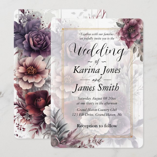 Invitation Élégant Mariage floral violet, rose et marron (Devant / Derrière)
