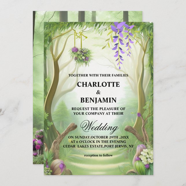 Invitation Élégant Mariage forestier enchanté vert (Devant / Derrière)