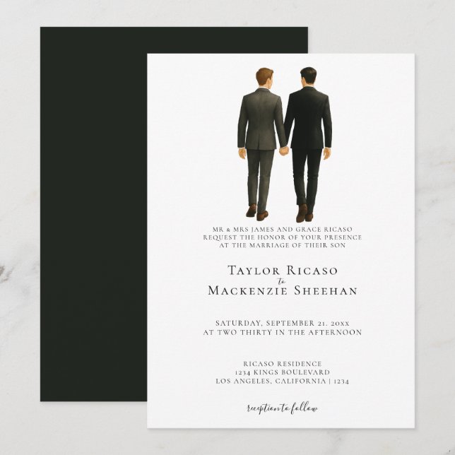 Invitation Elégant Mariage gay deux pièces en costume (Devant / Derrière)
