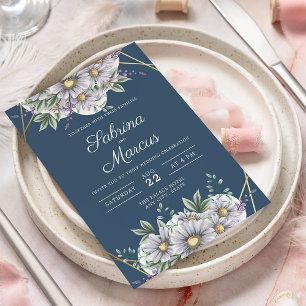 Invitation Elégant Mariage géométrique floral bleu marine