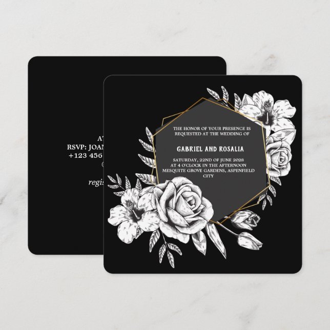 Invitation Élégant Mariage géométrique floral noir et blanc (Devant / Derrière)